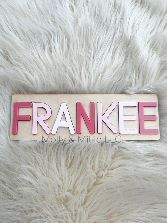Children’s wooden name puzzle | Name puzzle for toddlers | Baby name puzzle | name puzzle ombré pink for birthday gift and everyday use